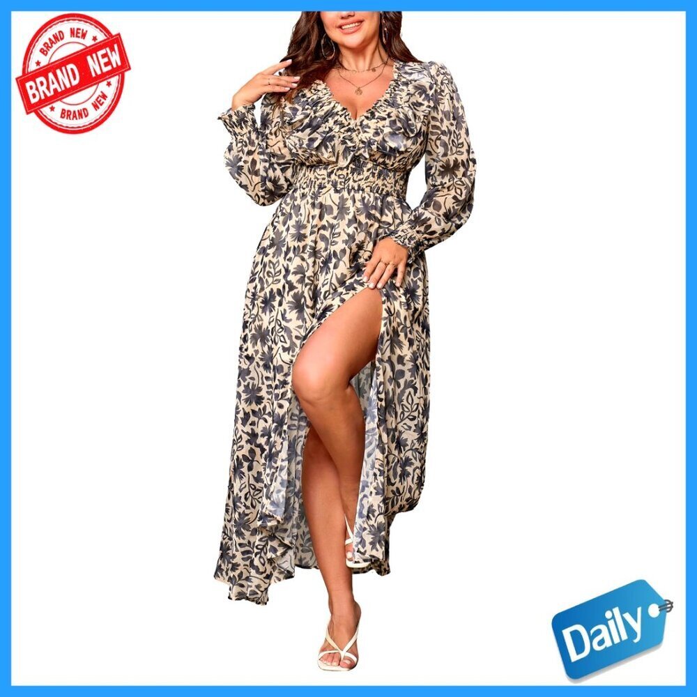 Long Sleeve V Neck Maxi Dress Floral Chiffon Elegant Wedding Guest Plus Size